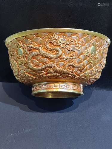 Chinese Signed Bronze Gold Gilt Bowl Decorated With Dragons ...