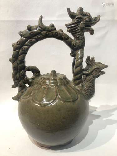 Chinese Celadon Dragon & Double Phoenix Pot