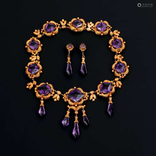 Seltene Biedermeier-Demi-Parure mit Amethysten im Originalet...