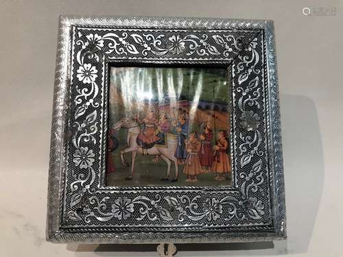 Indian Fine Layered Silver Lined Box With Mughal Scenery