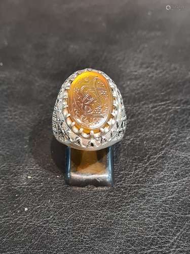 20th Century Agate Engraved Islamic Calligraphy Ring Set On ...