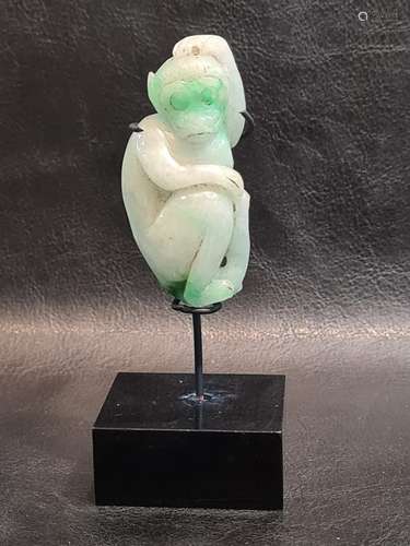 Chinese 19th Century Green & White Jade Monkey Qing Dynasty