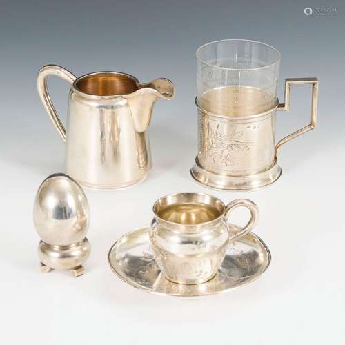 5 Kleinteile Silber: Tasse mit UT, Kännchen, Teeglas, Ei auf...