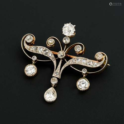 Jugendstil-Brosche mit Altschliff-Brillanten und Diamantrose...