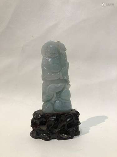 Chinese Jade Buddha Figured Mounted On Rose Wood Stand