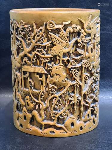 19th Century Chinese Carved Wooden Brush Pot