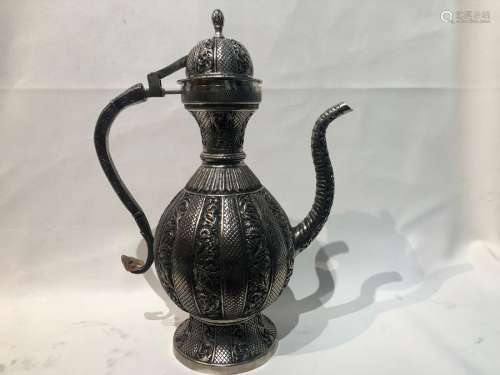 Indian Carved White Metal Water Jug Decorated With Flowers