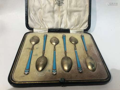 Cased Silver Enamel Tea Spoon Set Hallmarked Silver