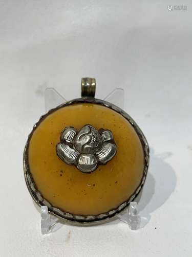 Amber & Silver Carved Butterfly Pendant 20th Century