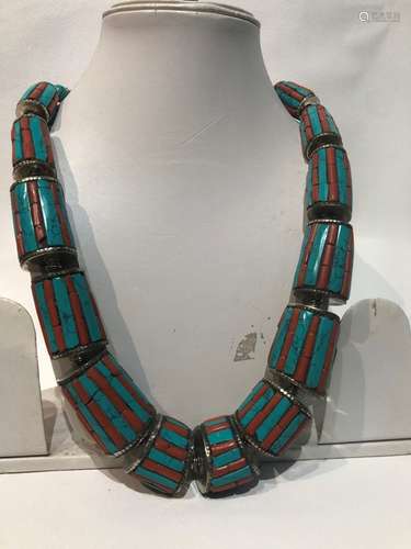 Turquoise & Coral Necklace On Silver From Afghanistan