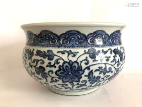 Chinese Glazed Blue & White Qing Dynasty Jardinière Censer B...