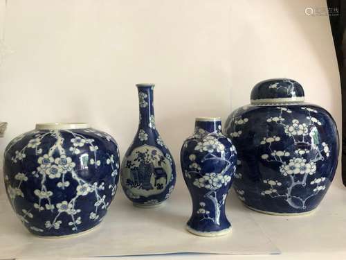 Assortment of 19th Century Blue Prunus Ginger Jars & Vases