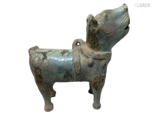 A GREEN-GLAZED RED POTTERY FIGURE OF A DOG HAN DYNASTY