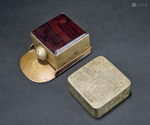清  白铜墨盒 白铜镶红木印章盒 （二件）