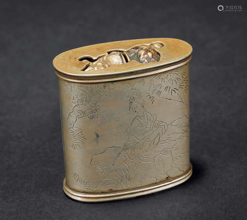 清  白铜人物鸦片盒