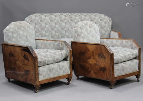 An Art Deco walnut framed three-piece suite, comprising a se...