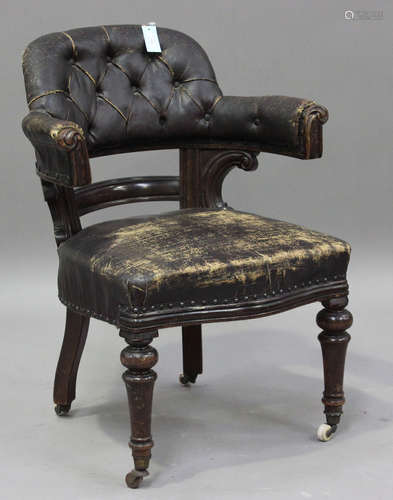 A Victorian mahogany tub back desk chair, upholstered in bro...