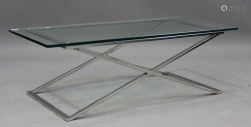 A modern glass and chromium plated coffee table, height 40cm...