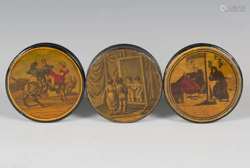 A group of three 19th century French papier-mâché snuff boxe...