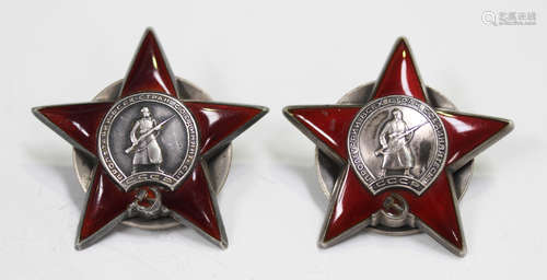 Two Russian red enamelled Orders of the Red Star, one back n...