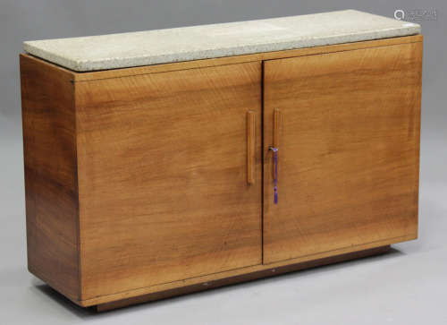 An Art Deco walnut side cabinet, the marble top above two do...