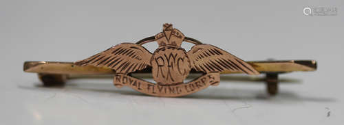 A gold sweetheart bar brooch, engraved 'Royal Flying Corps',...