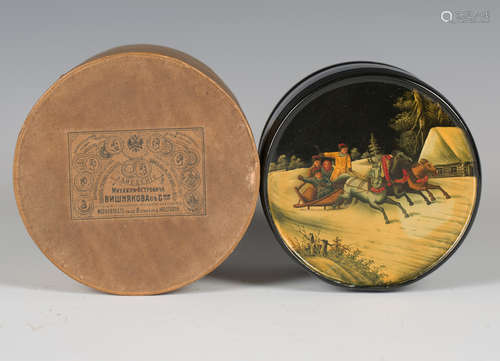 A late 19th century Russian papier-mâché cylindrical box and...