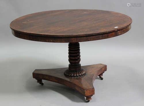 A Regency rosewood circular tip-top breakfast table, the cro...