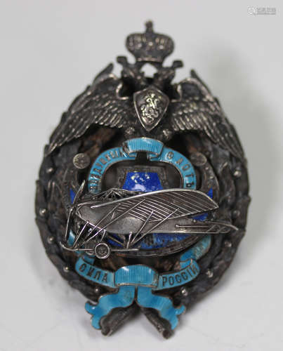 An Imperial Russian Air Fleet silver and enamel badge in two...