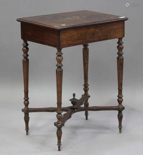 A late Victorian rosewood and beech work table, the hinged t...