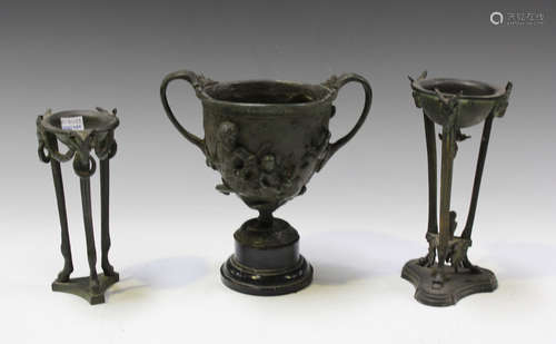 A 19th century dark green patinated bronze twin-handled urn,...