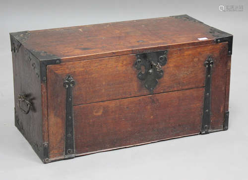 A late 19th century oak and iron bound cabinet with overall ...