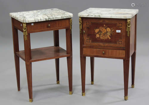 A pair of early 20th century French marble-topped kingwood b...