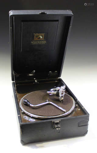 An HMV black cased mechanical gramophone with No. 16 reprodu...