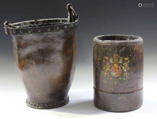 A late 19th/early 20th century brown leather bucket of rivet...