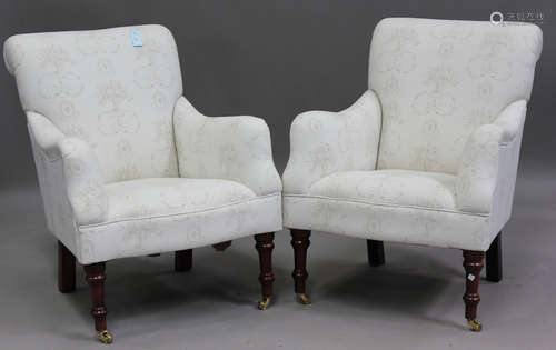 A pair of modern armchairs, upholstered in white patterned f...