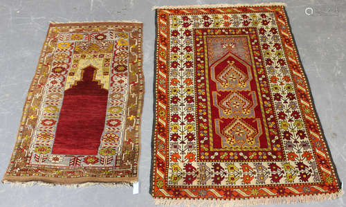 A Milas prayer rug, Turkey, mid-20th century, the red mihrab...