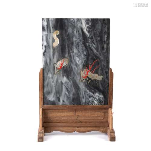 Soapstone inlaid table screen Chinese inlaid to the stone wi...