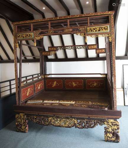 Jiazichuang style canopy bed Chinese with polychrome and gil...