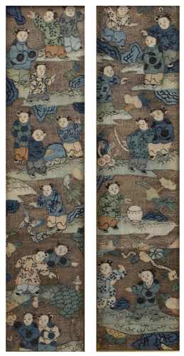 Pair of Kesi sleevebands Chinese depicting children in vario...