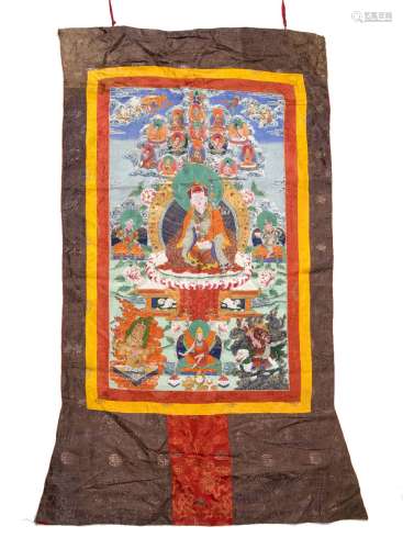 Two Thangkas Tibetan 20th Century one painted with Padmasamb...