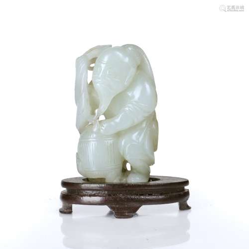 Jade carving of a fisherman Chinese carved holding a fish to...