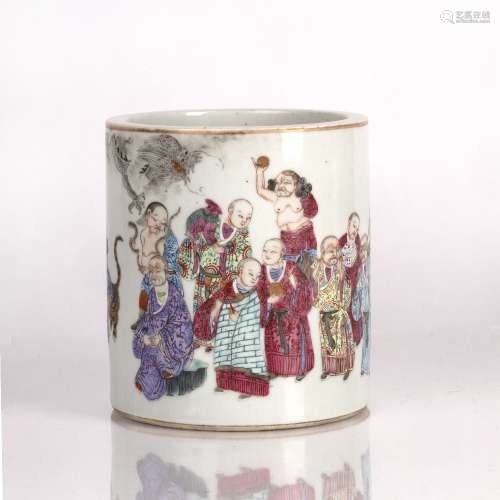Polychrome brushpot Chinese, 19th Century painted in enamels...