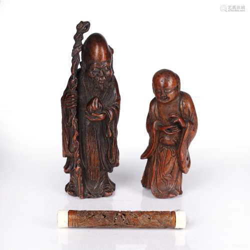 Three bamboo carvings Chinese comprising of a figure of Luoh...