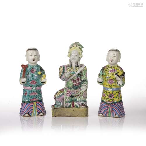Three famille verte biscuit porcelain figures Chinese, 18th/...