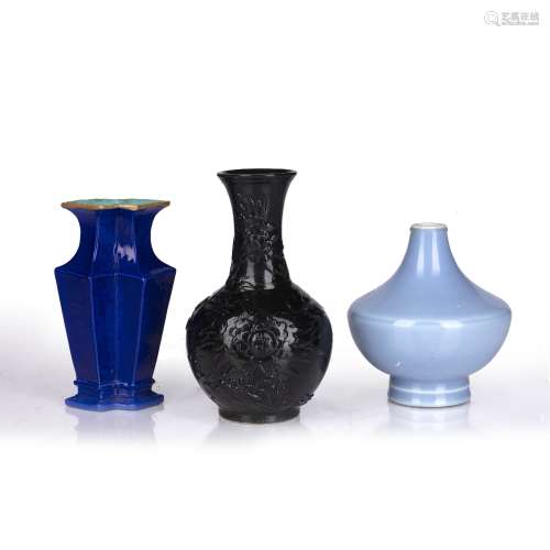 Three monochrome vases Chinese comprising of a squat blue gl...