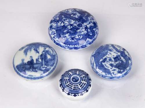 Four blue and white seal paste pots Chinese, 18th Century an...