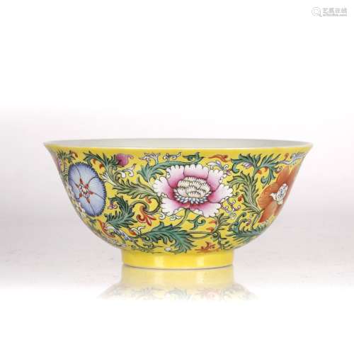 Famille rose yellow ground 'Floral' bowl Chinese, Qianlong m...