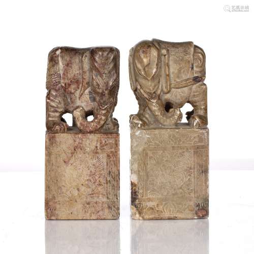 Pair of soapstone seals Chinese, 19th Century each with elep...