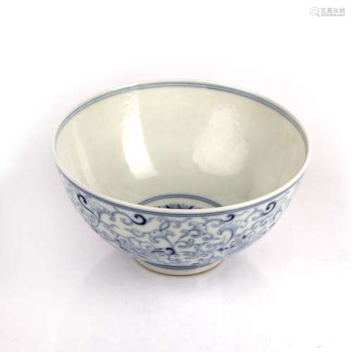 Blue and white bowl Chinese with floral scrolls to the exter...